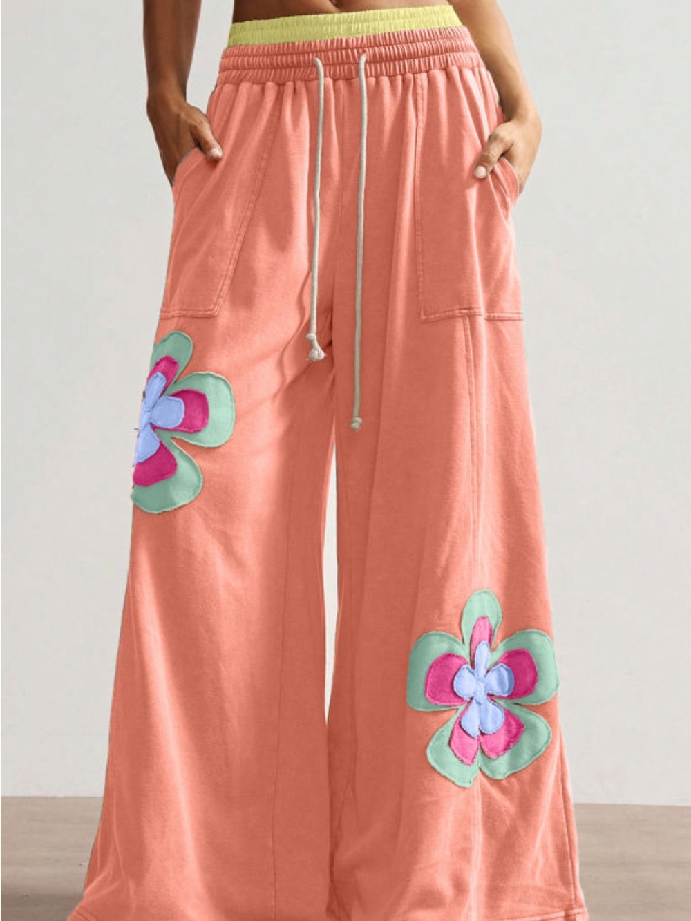 Women’s Wide-Leg Floral Appliqué Pants - Coral - Picture 2 of 9